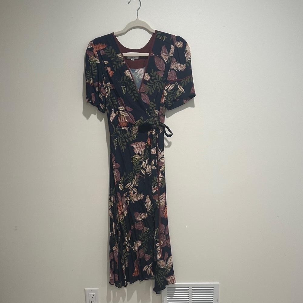 Floral Wrap Midi Dress in Navy with Burgundy Accents